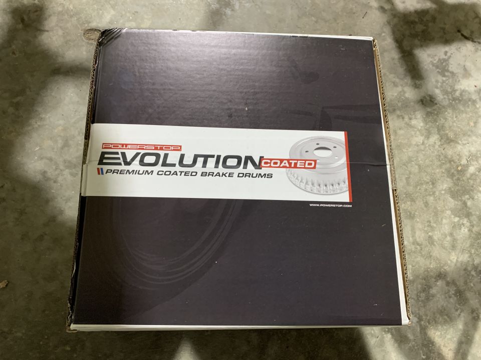 Box for Powerstop Evolution Coated premium brake drums. Shows a picture of a brake drum