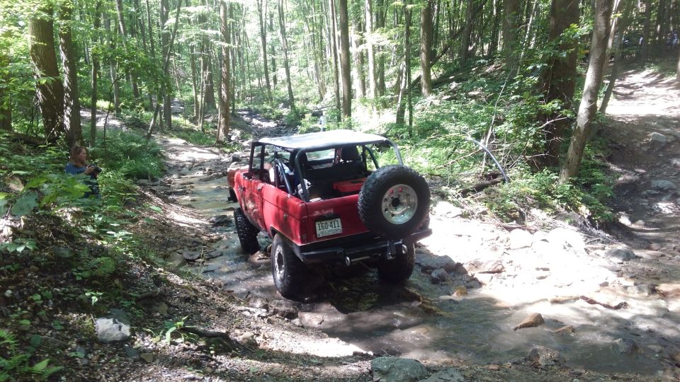 Red Ford Bronco driving through a stream in a forest.