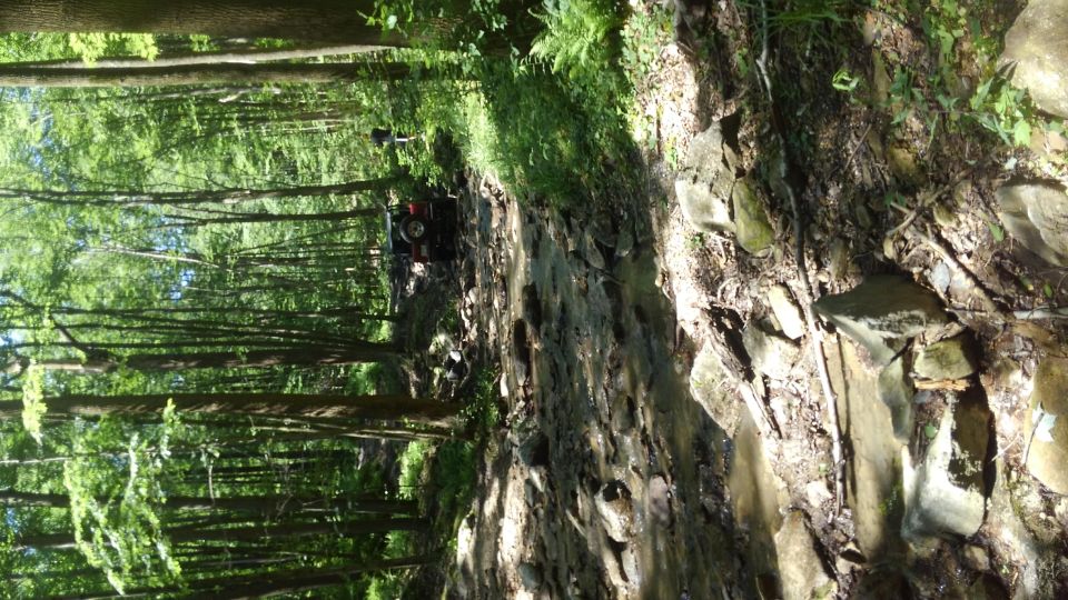 Red Jeep Wrangler driving through a rocky stream in a forest.