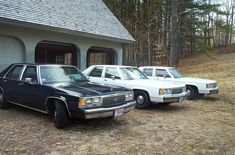 1991 Ford LTD Crown Victoria - Three Ford Crown Victorias are parked in front of a garage. The front car is dark blue, the other two are white.