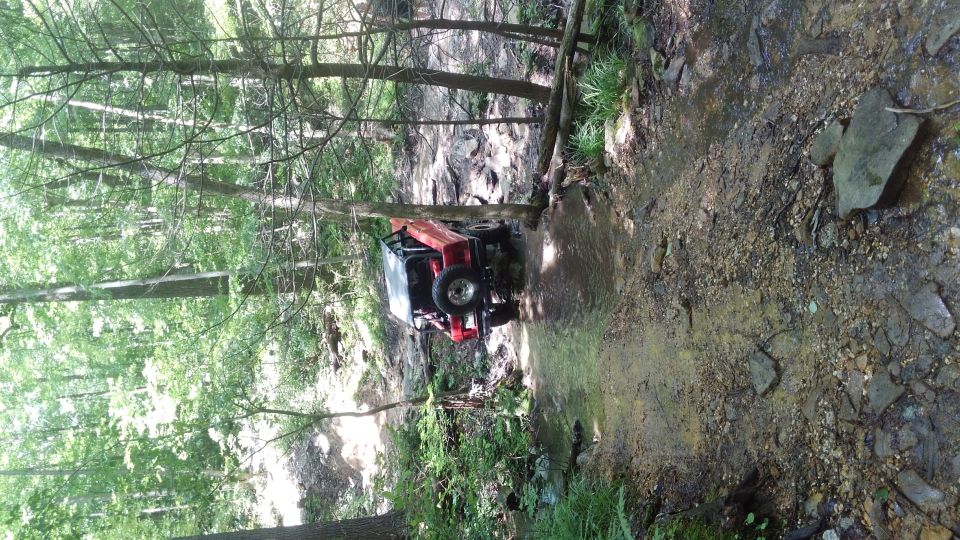 Red Jeep Wrangler driving through a rocky stream in a forest.
