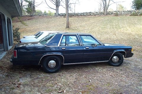 1991 Ford LTD Crown Victoria - Two sedans are parked outside a garage on a dry, grassy area with trees in the background.