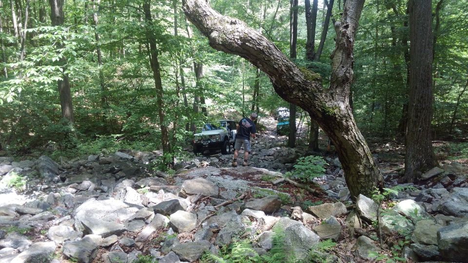White Ford Bronco on a rocky trail in a forest.
