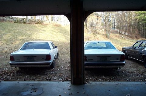 1991 Ford LTD Crown Victoria - Rear view of two white sedans and a dark sedan parked outdoors.