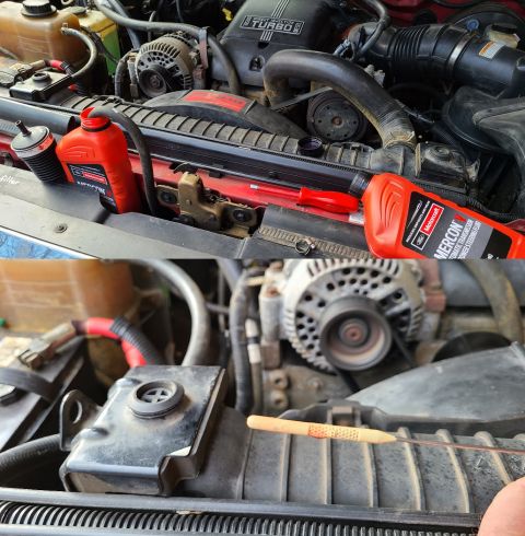 1997 Ford F-250 - The fluid level was slightly high, so I pumped almost a quart back into a bottle and got it dead-center of the Hot range. IF THE IMAGE IS T…