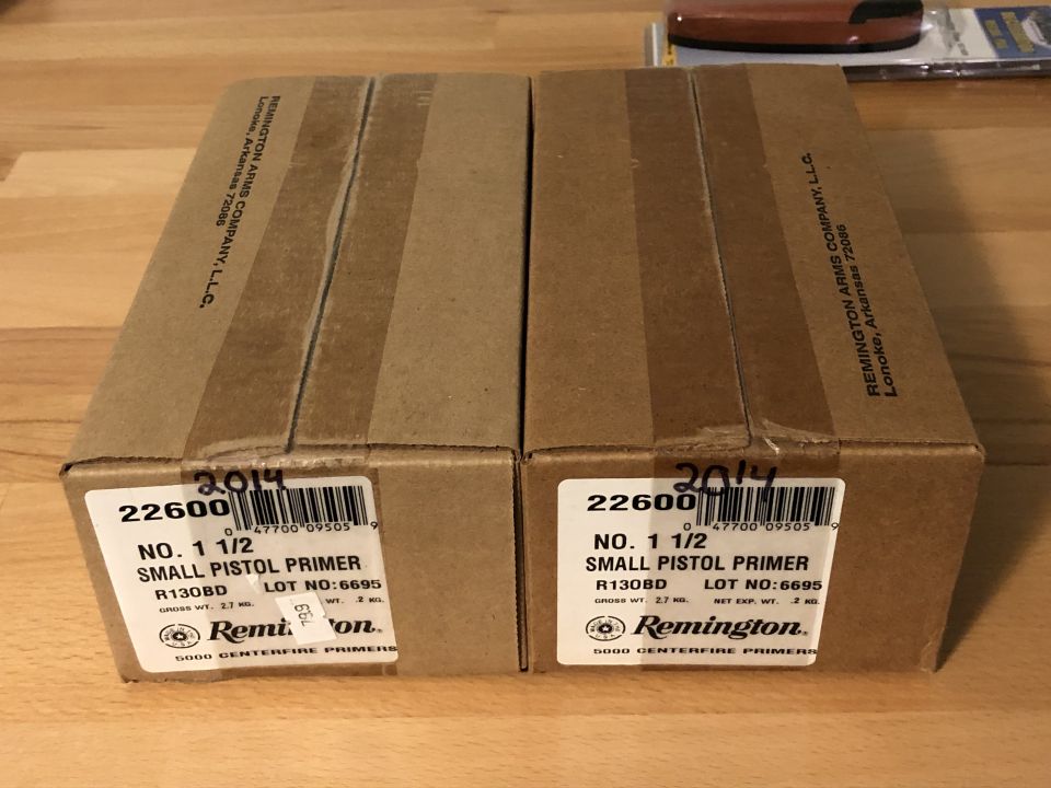 Two boxes of Remington No. 1 1/2 Small Pistol Primers, labeled 22600 and dated 2014