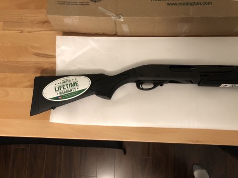 1995 Mercury Grand Marquis - A black shotgun is shown with a "Limited Lifetime Warranty" sticker on its stock, resting on a table.