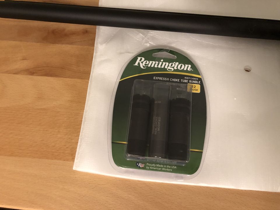 Remington choke tube bundle with three black tubes, 12 gauge marked