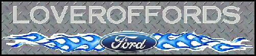Ford oval logo with blue flames and text "LOVEROFFORDS" on diamond plate background