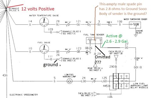 2000 Lotus Esprit - This diagram shows electrical connections for fuel and temperature gauges, with notes on sender resistance and active fuel levels.
