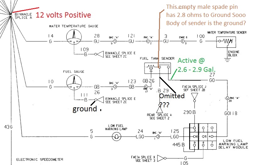 Instrument wiring diagram for water temp gauge, fuel gauge and fuel tank sender with splices