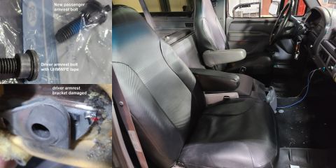1996 Ford Bronco - The driver's armrest was tightened with a strip of low-friction tape. The passenger armrest was bolted back on, with the driver's cover.