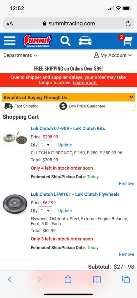 1996 Ford Bronco - Shopping cart displays clutch kits and flywheels, with part details and stock availability.