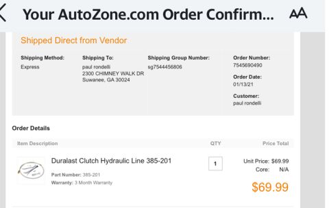1996 Ford Bronco - This is a screenshot of an AutoZone order confirmation for a Duralast Clutch Hydraulic Line.