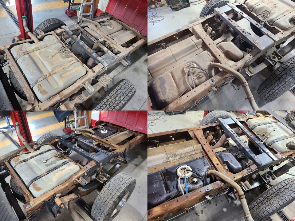 Four-photo collage of truck chassis underside fuel tanks and exhaust