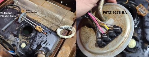 1997 Ford F-250 - This was the goal: to get the front tank level working. I assumed the sender would be bad, but the rivet for its wire had also corroded awa…