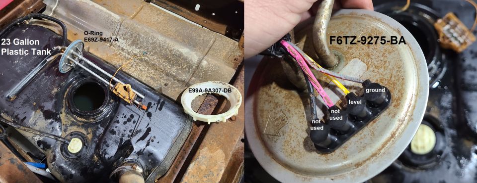 This was the goal: to get the front tank level working. I assumed the sender would be bad, but the rivet for its wire had also corroded away, and the steel baseplate & float arm are rusted. The float is undamaged. The wires have been chewed by my local mice.
IF THE IMAGE IS TOO SMALL, click it.

GO TO THE NEXT SEVERAL PICS...