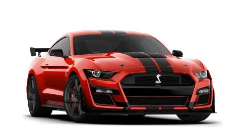 2021 Ford Mustang - The 2021 Ford Mustang Shelby GT500 is captured in a front-facing studio shot, highlighting its aggressive styling and racing stripes.