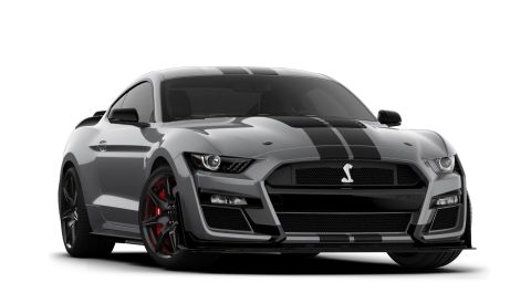 2021 Ford Mustang - Front view of a gray 2021 Ford Mustang Shelby GT500, black racing stripes and red brake calipers.