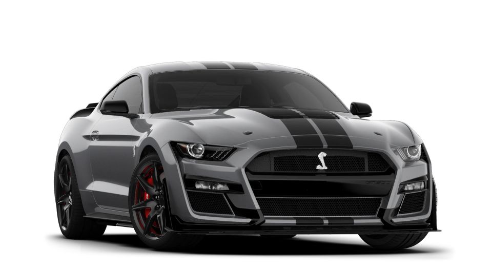 Gray 2021 Ford Mustang Shelby GT500 with black racing stripes and red brake calipers, front view