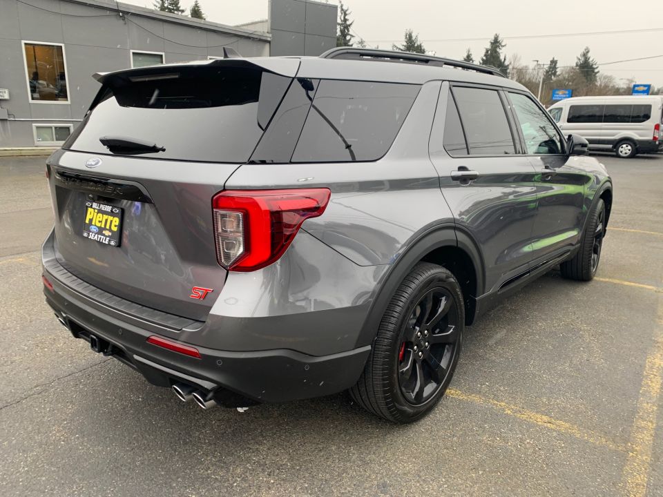 Gray 2021 Ford Explorer ST rear view with ST badge and quad exhaust