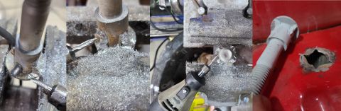 1997 Ford F-250 - Since this bed bolt & hole are already damaged, I welded some splines onto the bolt, sharpened them with [url=https://www.ebay.com/itm/3743…