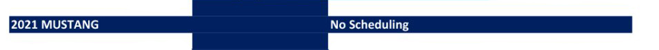 Blue document with white text '2021 MUSTANG' and 'No Scheduling'