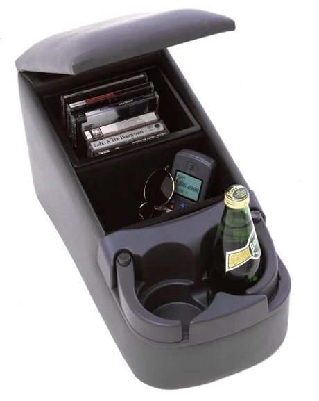 2000 Ford Explorer - Black portable vehicle floor console with a CD storage compartment, two cup holders holding a bottle, and sunglasses.