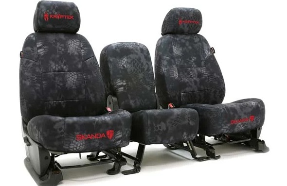 Krypton and Skanda branded seat covers with camouflage pattern