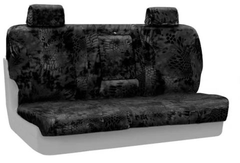 2000 Ford Explorer - This image shows a set of black camouflage seat covers designed for a vehicle's rear bench seat.