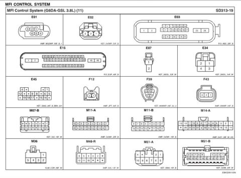 2010 Hyundai Genesis - This diagram details various electrical connectors for the MFI Control System, labeled with codes like E01, E03, and M36.