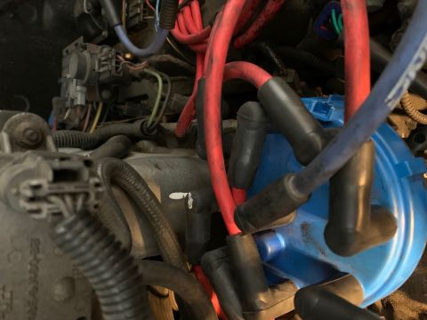 1996 Ford Bronco - Close-up of an engine bay, focusing on the distributor cap and spark plug wires.
