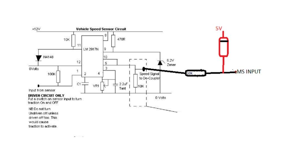Electronic circuit schematic of a vehicle speed sensor using an LM2917N frequency-to-voltage converter