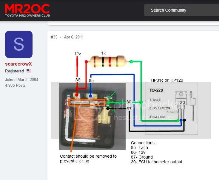 Relay tachometer circuit diagram with resistor, TIP31c transistor and connection legend
