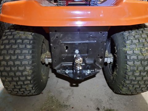 2005 Tracker Tournament - Lawn tractor rear view showing the hitch assembly and tires.