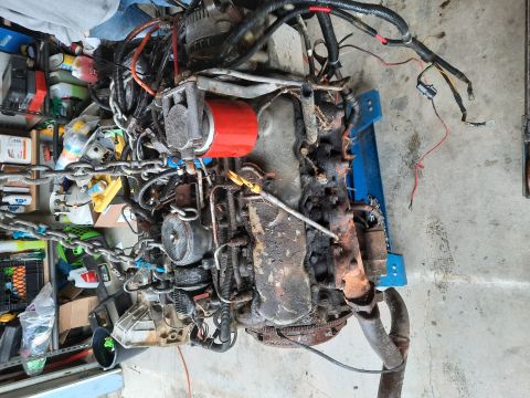 1994 Ford Bronco - Engine assembly with red oil filter, chains, and wiring harness, mounted on a blue stand.
