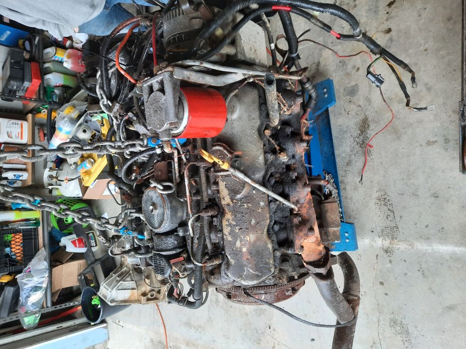 Engine assembly with red oil filter, chains, and wiring harness, mounted on a blue stand