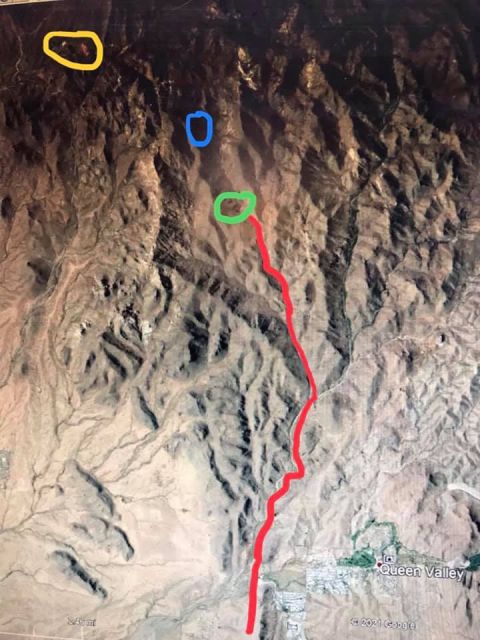 1963 Ford Falcon - An aerial map displays Queen Valley, marked with a red route and several colored circles indicating points of interest.