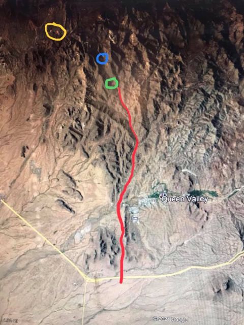 1963 Ford Falcon - Satellite map displays Queen Valley with a marked route and highlighted locations.