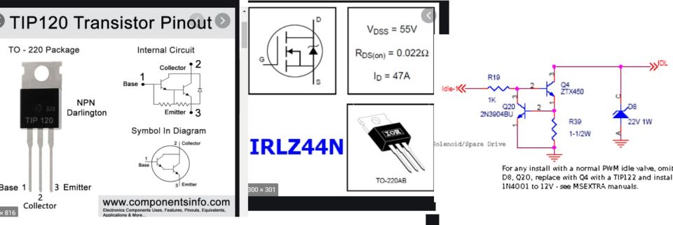 TIP120/IRLZ44N pinout reference with PWM idle-valve solenoid driver schematic