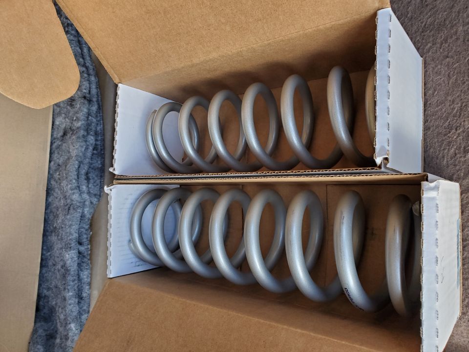 Two silver coil springs in a box, one with visible text