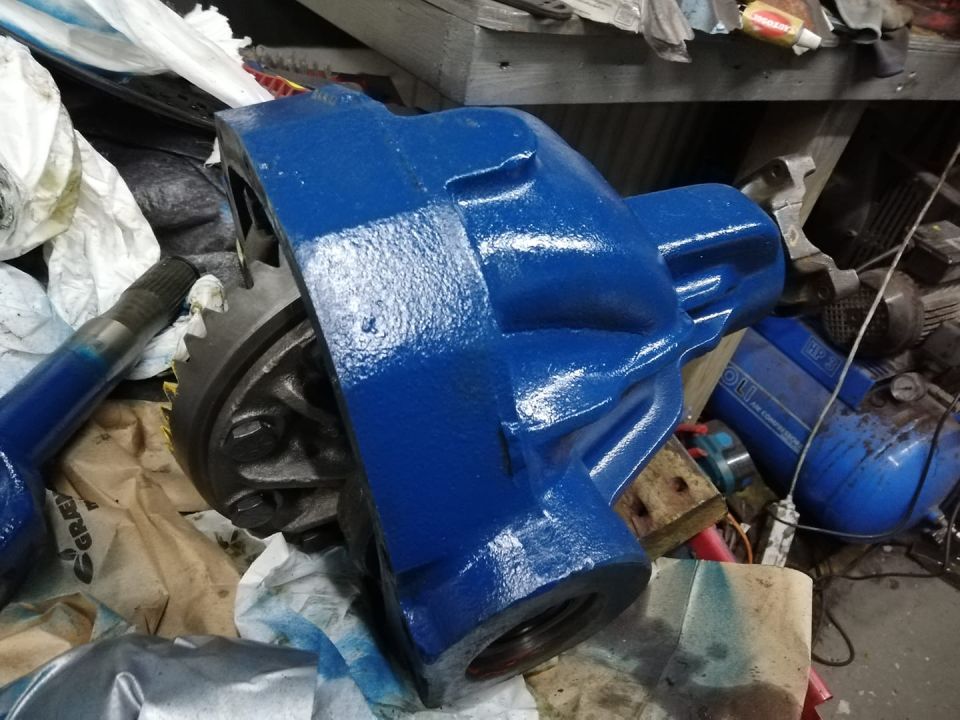 Blue painted differential housing with gears visible