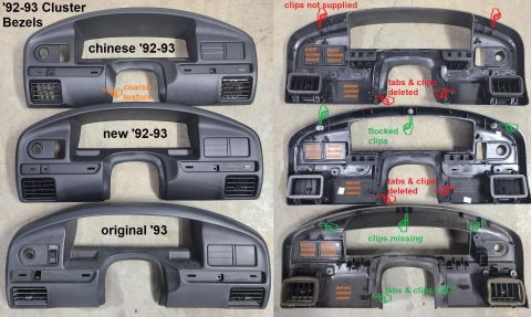 1983 Ford Bronco - Instrument Cluster Bezel comparison between an original '92 F250 gas 2WD bezel (bottom), a new Ford '92-93 Instrument Cluster Bezel (F4TZ-1…