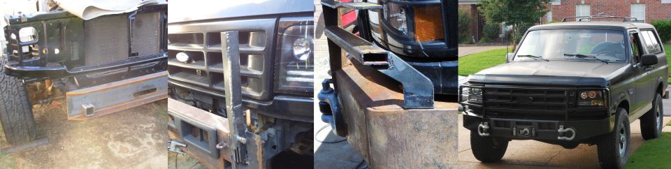 Four-panel collage of a truck cab, grille, bumper bracket and black Bronco