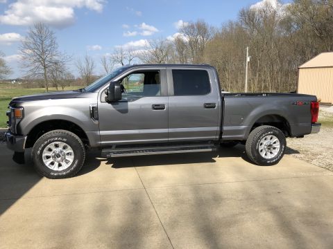 2021 Ford F-250 - This gray crew cab pickup truck is shown from the side, a 4x4 badge on the rear fender.