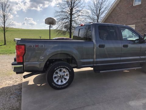 2021 Ford F-250 - This gray pickup truck, identified as a 2021 Ford F-250, is shown from the side with prominent 4x4 badging and chrome wheels.