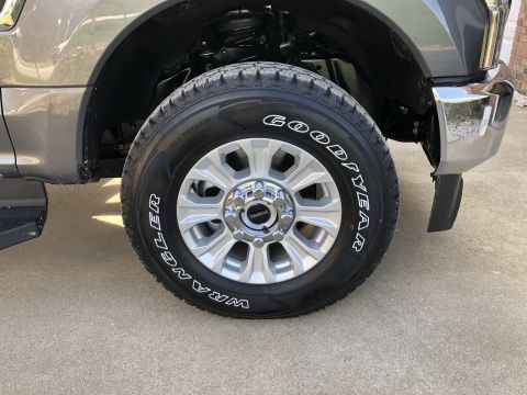 2021 Ford F-250 - Close-up of the front wheel and fender of a gray 2021 Ford F-250.