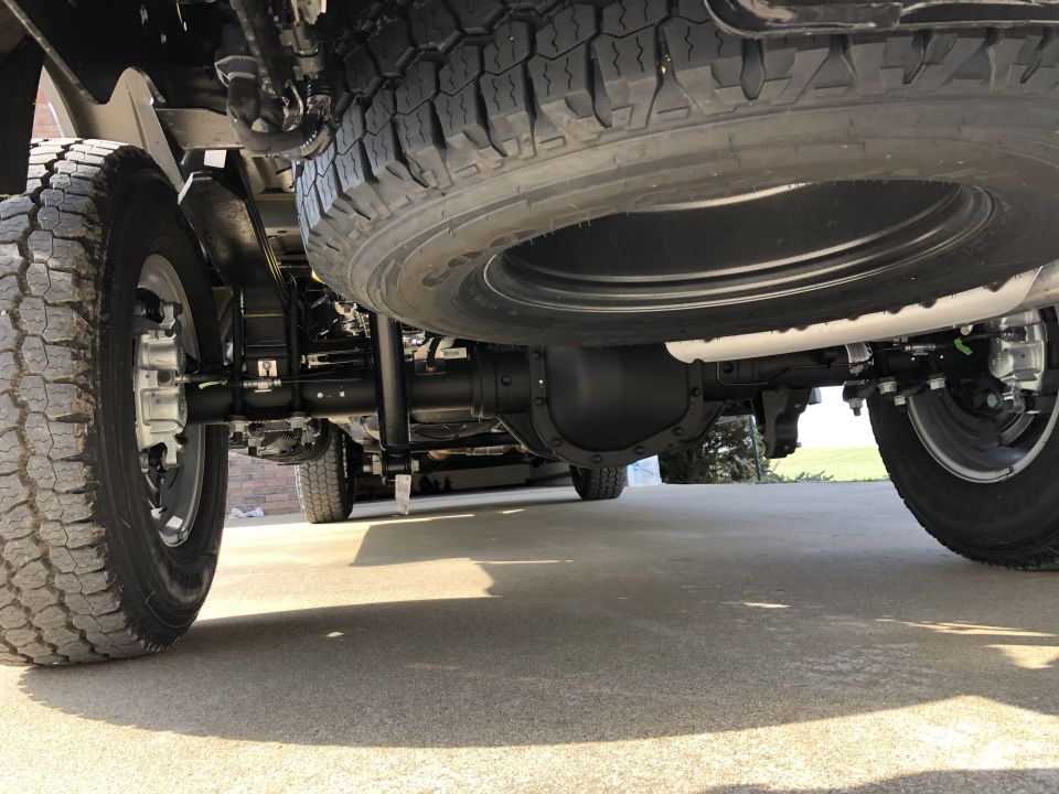 Underside view of truck chassis with spare tire and rear axle