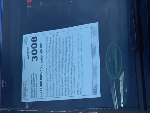 2021 Ford Bronco - Document for a 2021 Ford Bronco 2-Door VIN 001, detailing its sale and VIN.