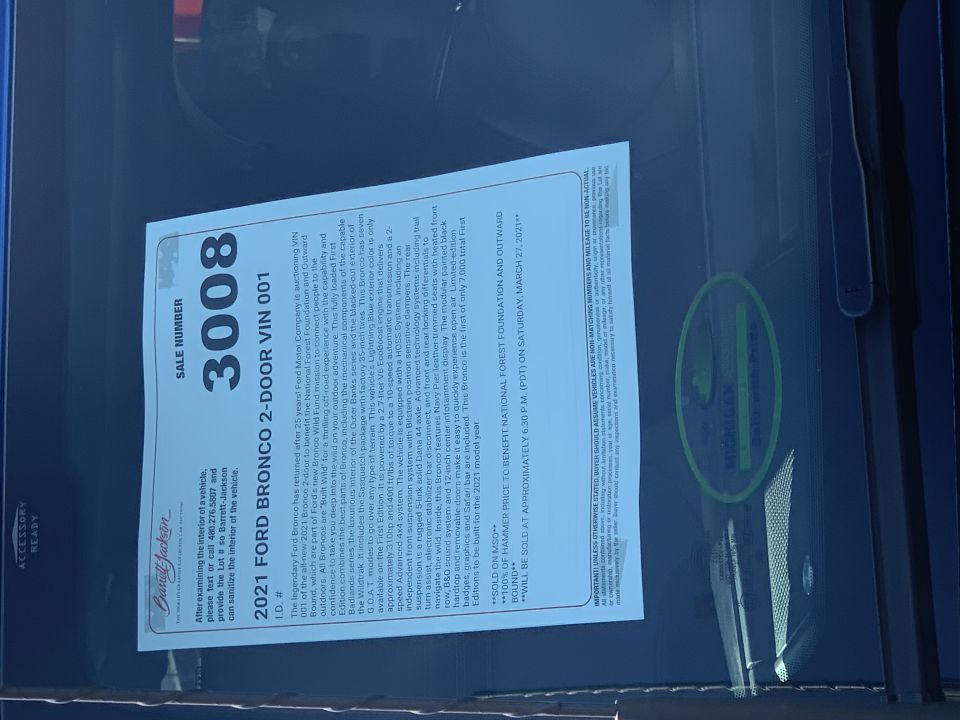 Barrett-Jackson auction sale sheet for 2021 Ford Bronco 2-Door VIN 001, Sale Number 3008